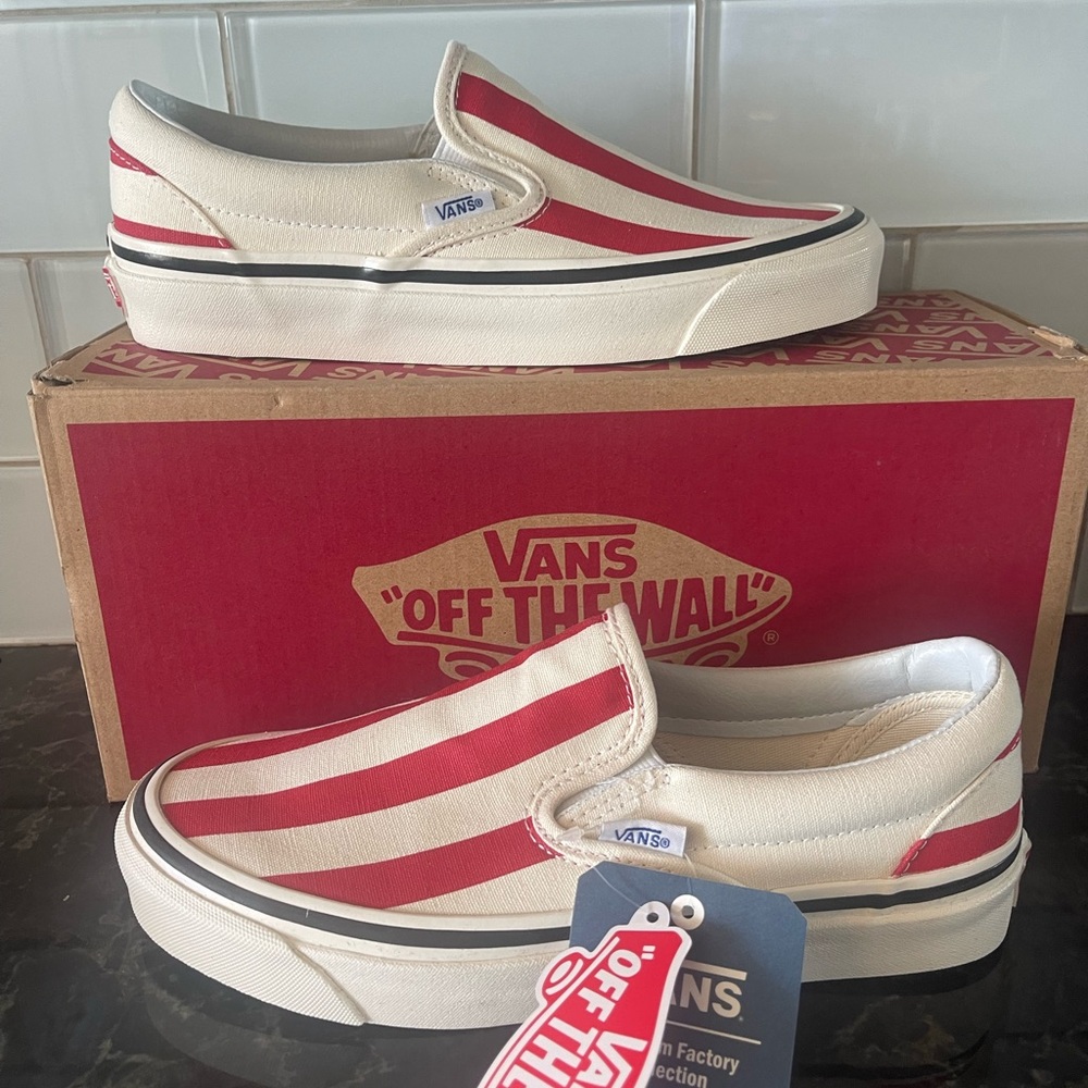 Red White Striped Slip-On Canvas Vans Size 6.5 | Rare Anaheim Factory Collection